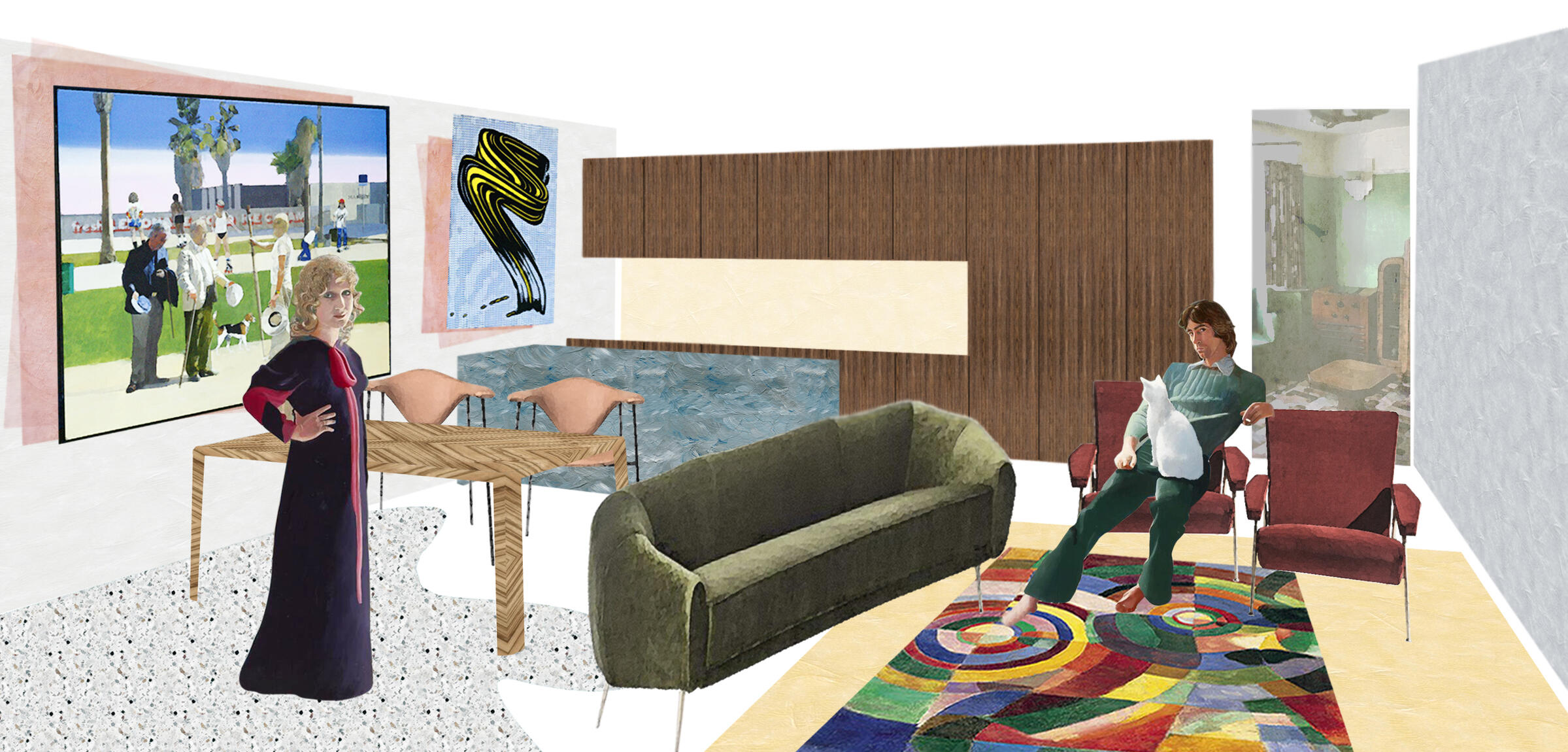 Illustration of water feature with plants and people interacting